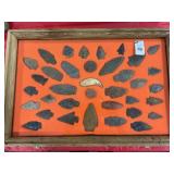 OAK DISPLAY OF 36 ARROWHEADS, POINTS, TOOLS, ETC.