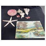 ASSORTED CORAL, STARFISH & UNFRAMED OIL PAINTING