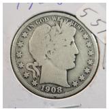 1908 O BARBER 50 CENT
