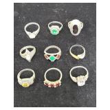 9 STERLING SILVER RINGS - VARIOUS STONES AND