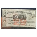 1883 SHENANGO AND ALLEGHENY RAILROAD CO. $35 BOND