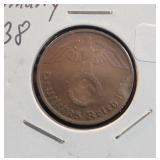 1938 GERMAN 3RD REICH 2 PFENNIG