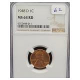 1948-D LINCOLN CENT - NGC GRADED: MS64 RD