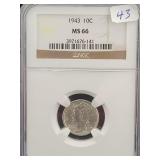1943 MERCURY DIME - NGC GRADED: MS66
