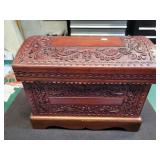 11" X 8" X 9" CARVED WOODEN TREASURE CHEST