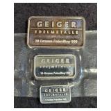 3 GEIGER SILVER BARS TOTALING 35 GRAMS .999 FINE