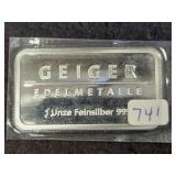 GEIGER 1 OZ SILVER BAR .999 FINE SILVER