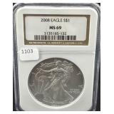 2008 SILVER EAGLE NGC: MS69