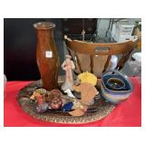 PLASTIC SERVING TRAY, VASE, FIGURINES,