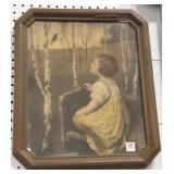 ANTIQUE PRINT 'LITTLE GIRL AND BIRD' FRAMED -