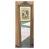 ANTIQUE WOOD FRAMED MIRROR WITH PORTAIT AT TOP -