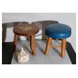 3 and 4 legged stools and milk glass candy dish