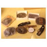(6) BELT BUCKLES, (3) KNIVES, POCKET WATCH