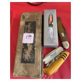 4 POCKET KNIVES W/SHARPENING STONE