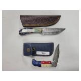 2 KNIVES WITH DAMASCUS BLADES - ONE FOLDING