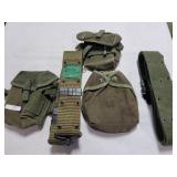 2 WEB BELTS, CANTEEN COVER AND 2 AMMO POUCHES