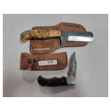 2 KNIVES WITH DAMASCUS BLADES - ONE FOLDING KNIFE