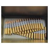 MILITARY METAL BOX WITH BANDED 30 CARBINE SHELLS