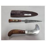 2 KNIVES - ONE HAWKBILL FOLDING KNIFE AND