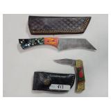 2 DAMASCUS BLADE KNIVES - ONE FOLDING AND ONE