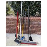 4 BROOMS, 2 SANDING POLES, & EXT. POLE