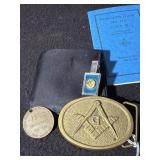 SOLID BRASS MASONIC BELT BUCKLE, VTG OLDSMOBILE...