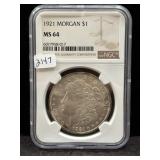 1921 MORGAN SILVER DOLLAR - NGC: MS64