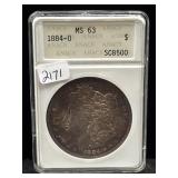 1884-O MORGAN SILVER DOLLAR - ANACS: MS63