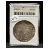 1881-S MORGAN SILVER DOLLAR - ANACS: MS64