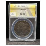 1890-O MORGAN SILVER DOLLAR - ANACS: AU58