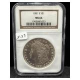1881-S MORGAN SILVER DOLLAR - NGC: MS64