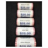 (5) $25 BANK ROLLS OF PRESIDENTIAL DOLLARS -