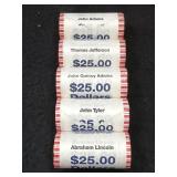 (5) $25 BANK ROLLS OF PRESIDENTIAL DOLLARS -