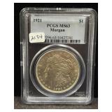 1921 MORGAN SILVER DOLLAR - PCGS: MS63