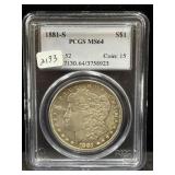 1881-S MORGAN SILVER DOLLAR - PCGS: MS64