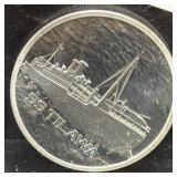 SS TILAWA - BOMBAY TO DURBAN - 1 OZ .999 FINE