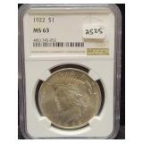 1922 PEACE SILVER DOLLAR - NGC: MS63