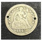 1845-O SEATED LIBERTY DIME - HOLED