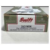 20 RDS SWIFT 243 WIN AMMO 90 GRAIN