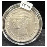 1877 SPAIN 5 PESETAS COIN - 90% SILVER -