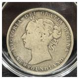 1874 NEWFOUNDLAND 50 CENT COIN - 92.5% SILVER -