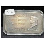 JFK 1 OZ .999 FINE SILVER INGOT