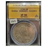1732 1 RUSSIAN ROUBLE - ANACS GRADED VF 30 DETAILS