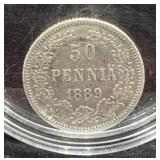 1889 FINLAND 50 PENNIA COIN - 75% SILVER -