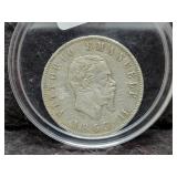 1863 ITALY 2 LIRE COIN - 83.5% SILVER -