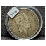 1870 ITALY 5 LIRE COIN - 90% SILVER -