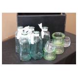 GLASS BOTTLES AND CANDLEHOLDERS