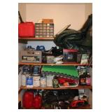 GAS CANS, PAINT, GARDEN TOOLS ETC