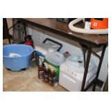 OLDER TABLE, PAIL, IRON BOARD, CLEANERS ETC