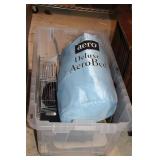 LARGE PLASTIC TOTE, BATHROOM SCALES ETC